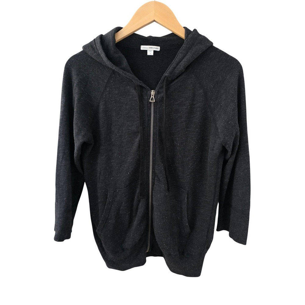 James Perse Zip Up Hoodie Women Size 1 Charcoal Black Supima Athleisure Minimal
